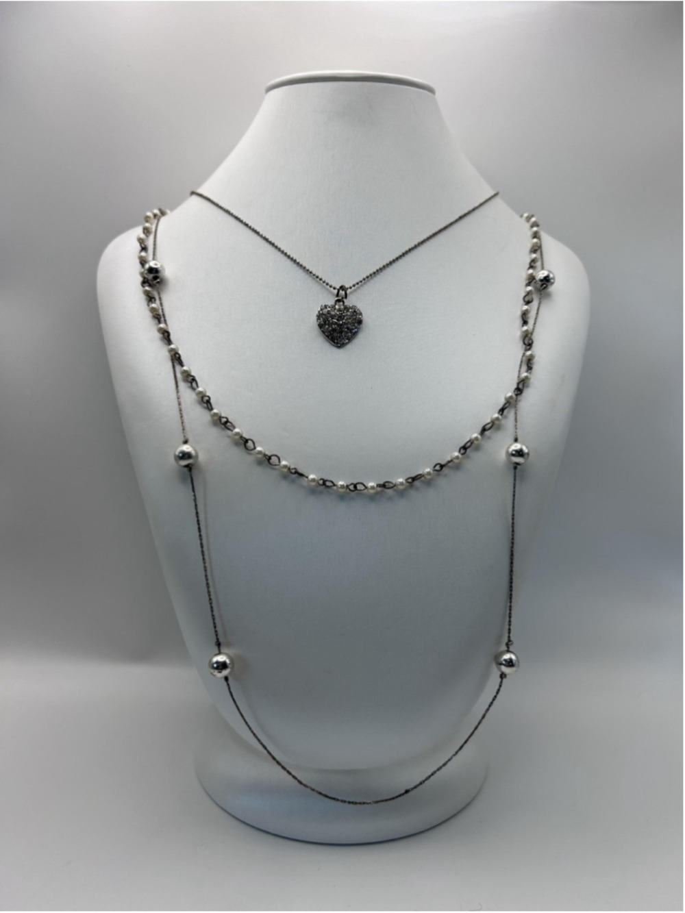 Necklace Silver Tone Layered Heart Pendant Rhinestone Beaded Statement‎ 36 In